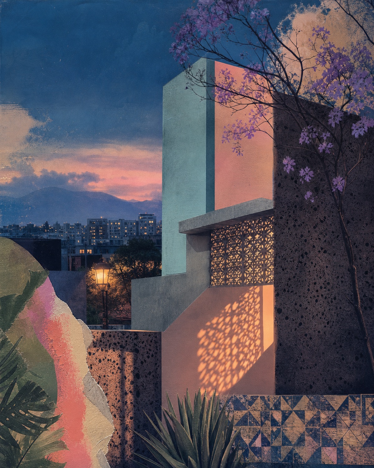 Mixed-media view of Mexico City at blue hour